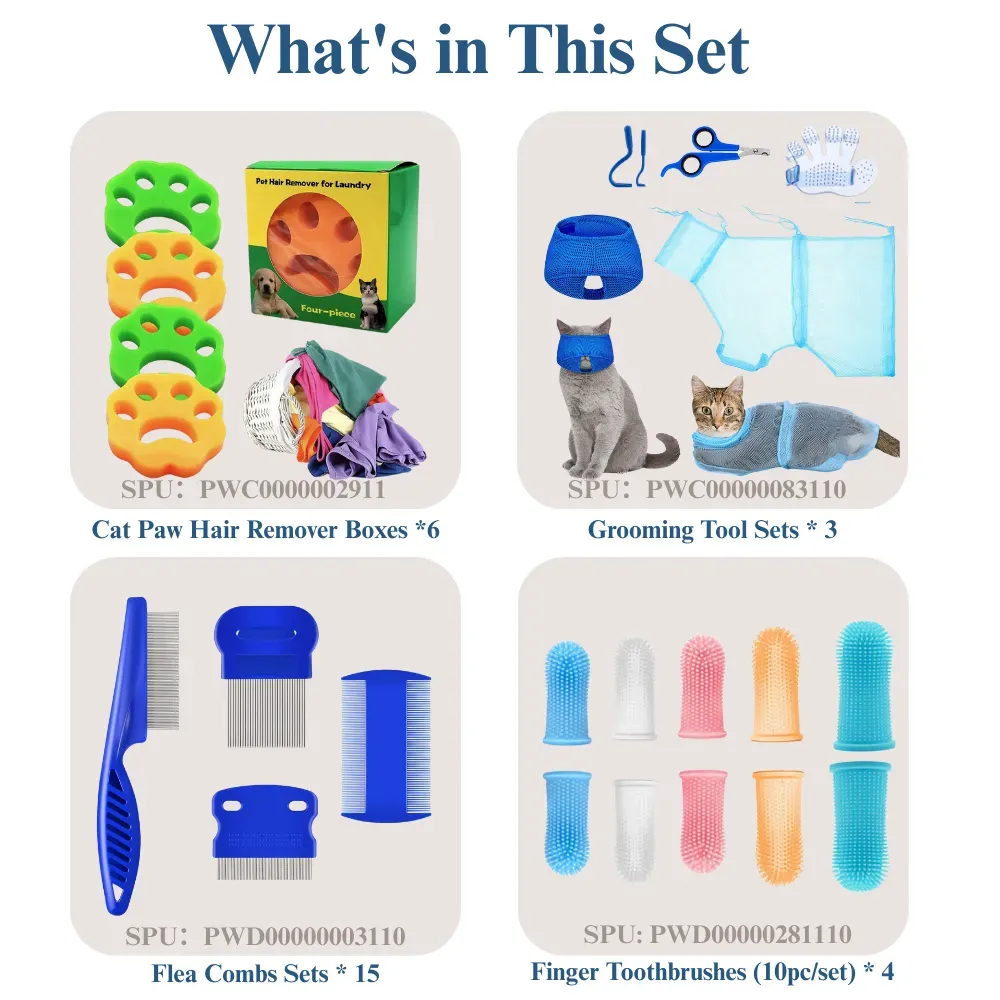 Deep Cleaning Cat Grooming Kit with Flea Combs Sticky Rollers and Gloves