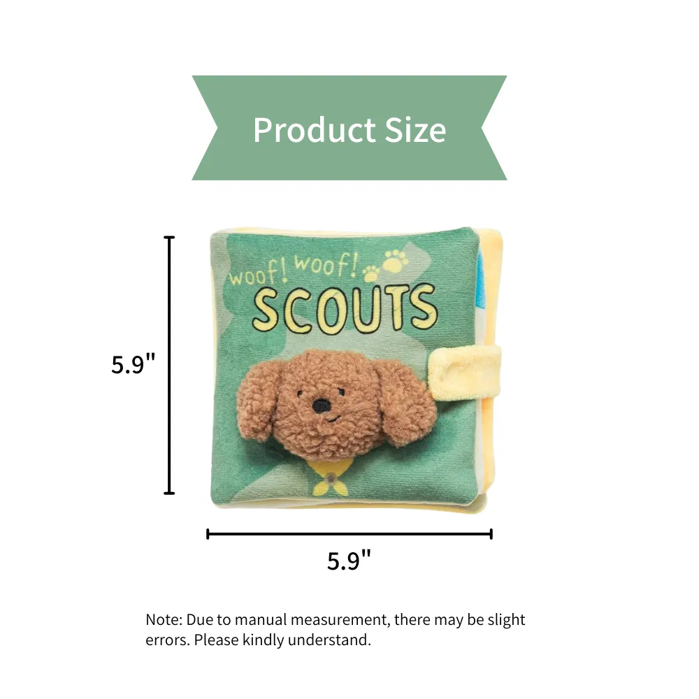 Green Book Shaped Interactive Dog Plush Toy for Treat Dispensing size Green Book Shaped Interactive Dog Plush Toy for Treat Dispensing