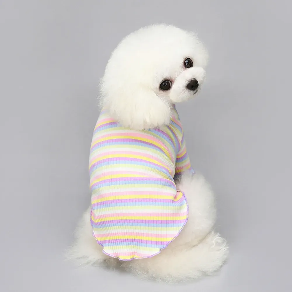 "Rainbow striped dog shirt with pink edge, designed for small to medium breeds like Yorkie, Chihuahua, and Teddy."