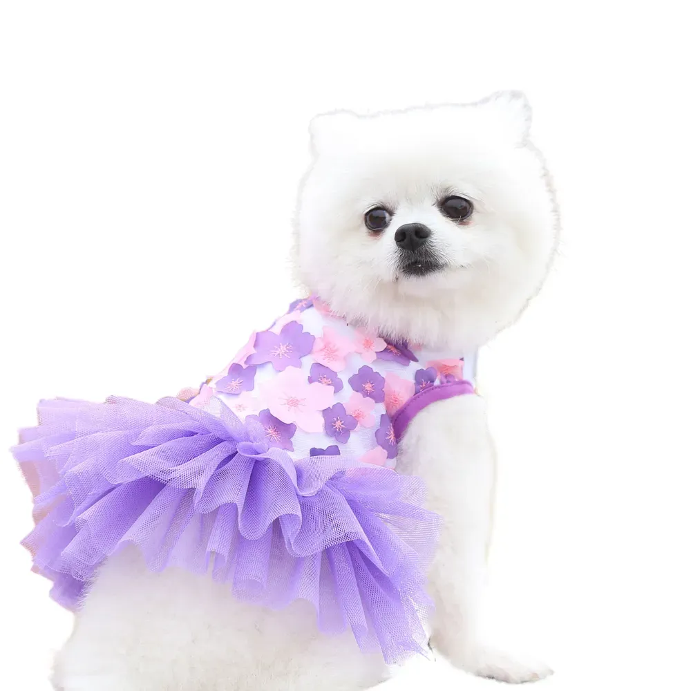 dog clothes dresses (7) Designed with delicate peach blossom embroidery and layered sheer fabric, offering a high-end, elegant appearance.