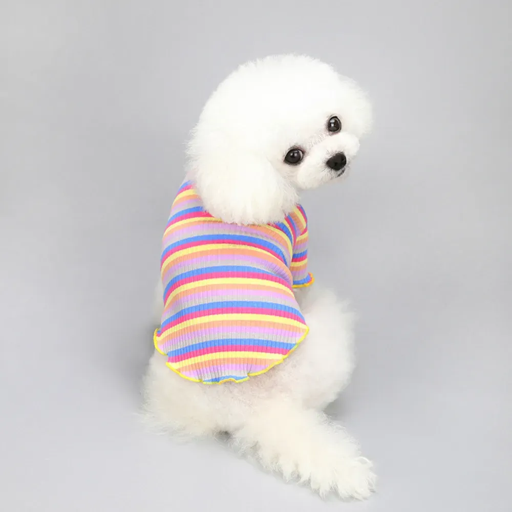 "Rainbow striped dog shirt with pink edge, designed for small to medium breeds like Yorkie, Chihuahua, and Teddy."
