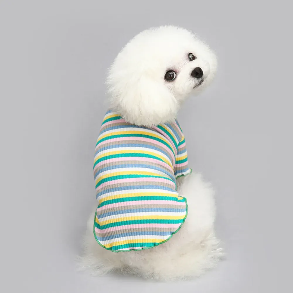"Rainbow striped dog shirt with pink edge, designed for small to medium breeds like Yorkie, Chihuahua, and Teddy."
