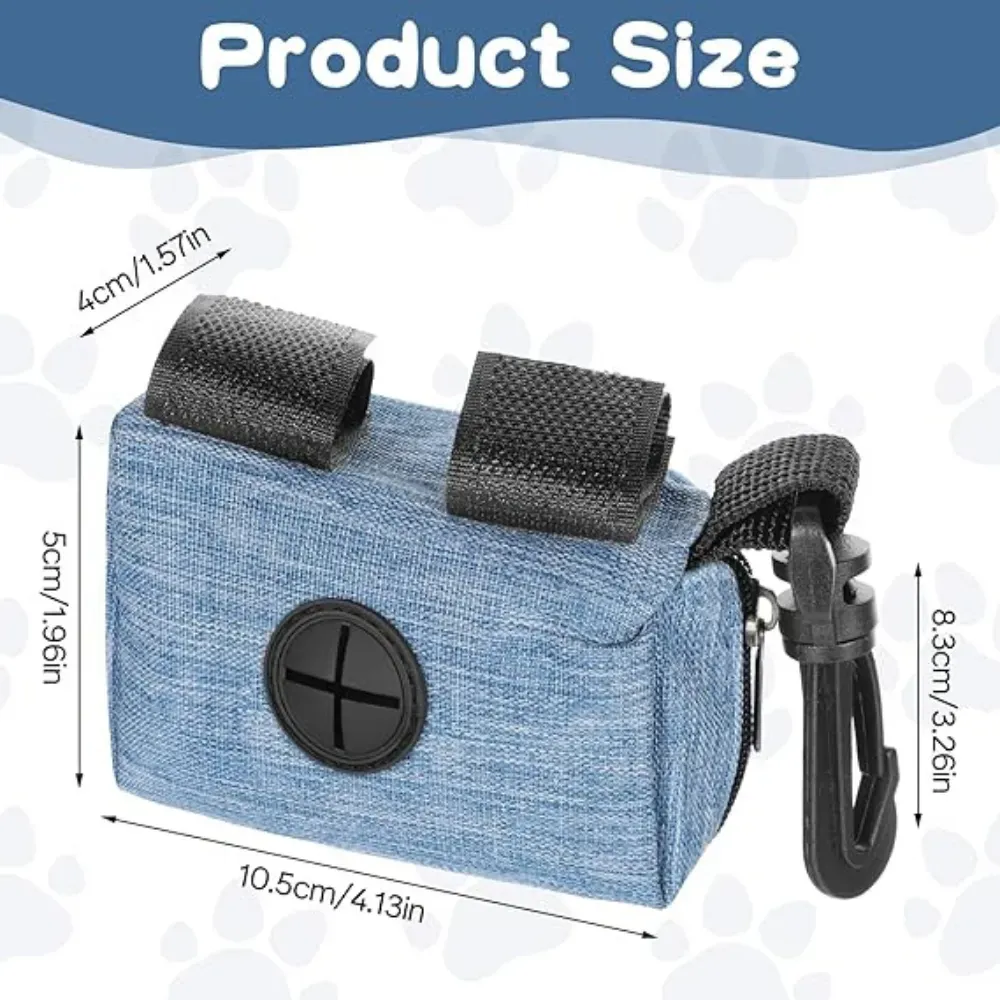 "Zippered poop bag dispenser pouch with carabiner clip for convenient leash or belt attachment."