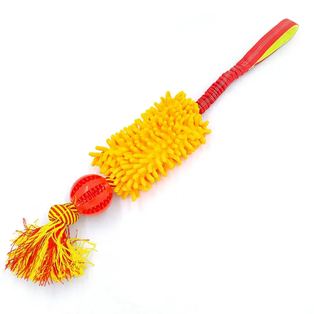 Interactive Dog Tug Toy with Treat Dispensing Ball and Plush Mop Section