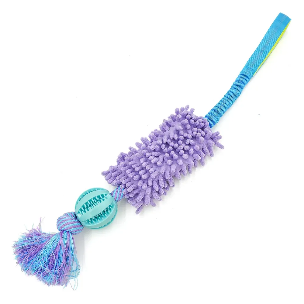Interactive Dog Tug Toy with Treat Dispensing Ball and Plush Mop Section