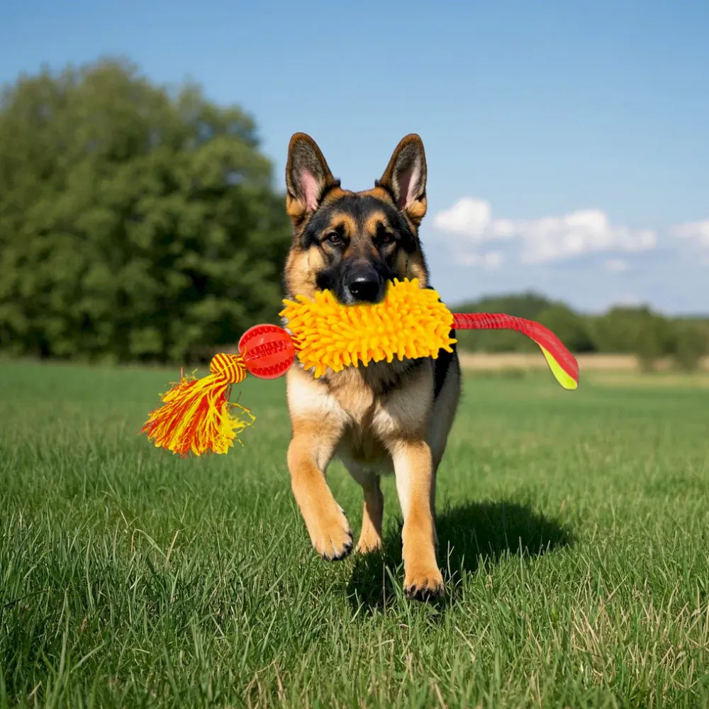 Interactive Dog Tug Toy with Treat Dispensing Ball and Plush Mop Section