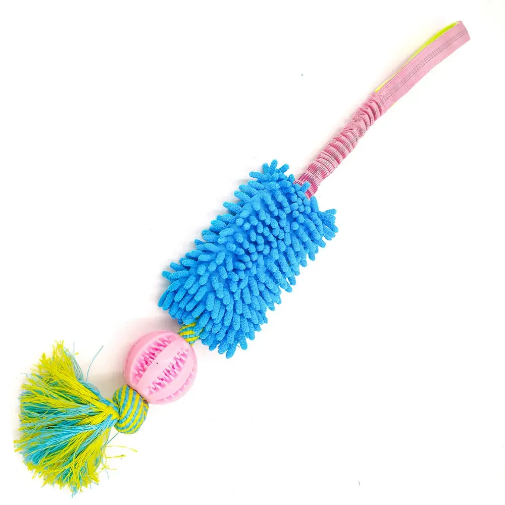 Interactive Dog Tug Toy with Treat Dispensing Ball and Plush Mop Section