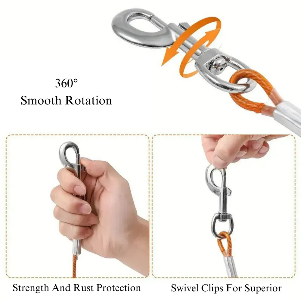 Dual Head Design Heavy Duty Steel Wire Dog Tie Out Leash, 0.1 Thickness