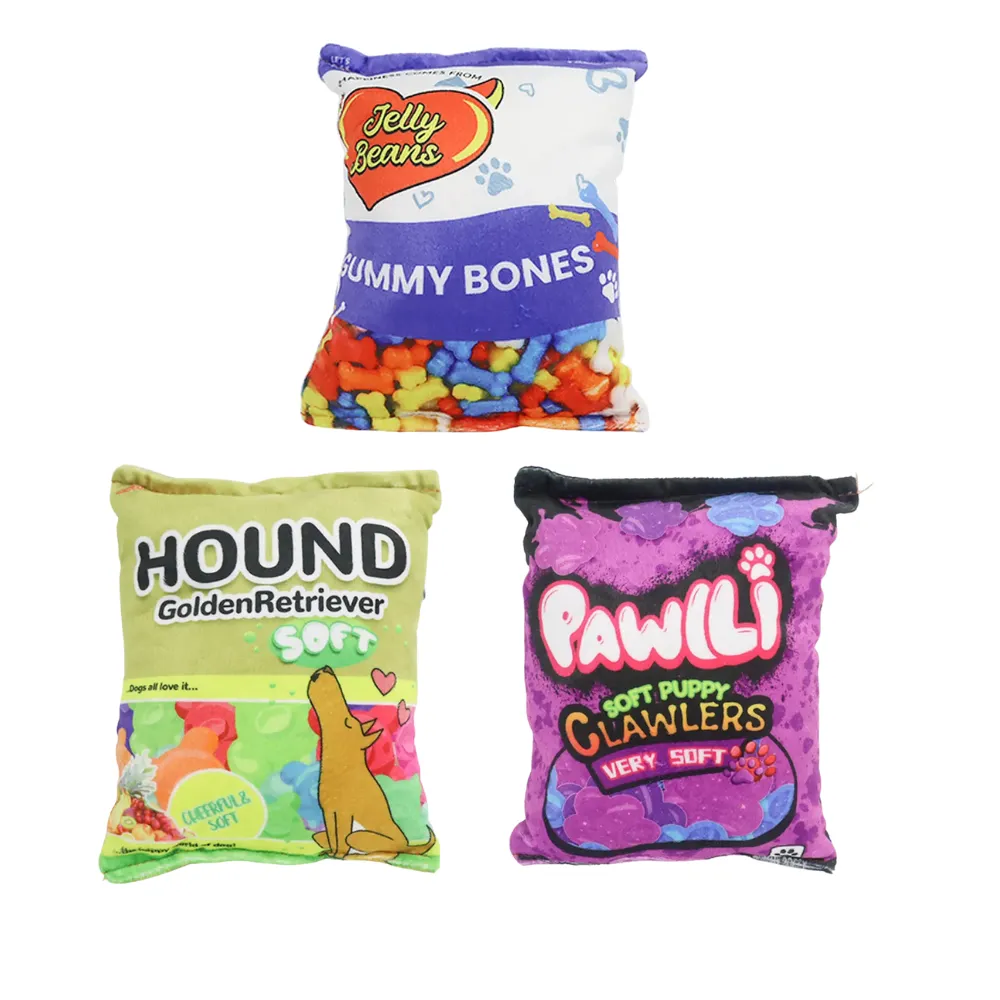 Plush Dog Teething Toy with Crinkle Sound Realistic Chip Candy Design
