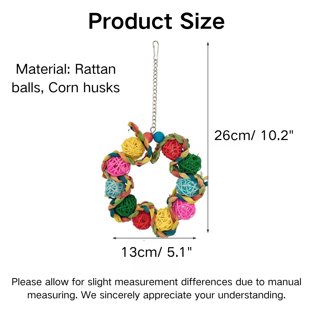Colorful Rattan Ball and Corn Husk Hanging Ring Bird Toy