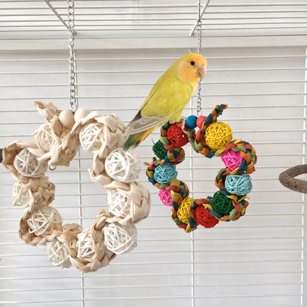 Colorful Rattan Ball and Corn Husk Hanging Ring Bird Toy