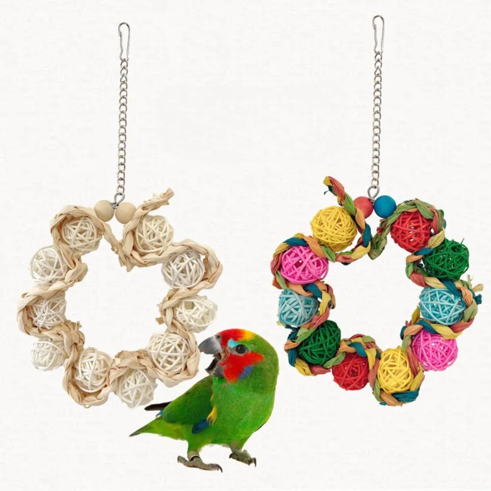 Colorful Rattan Ball and Corn Husk Hanging Ring Bird Toy5
