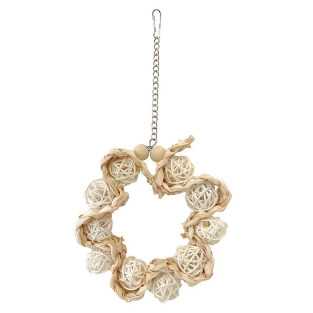 Colorful Rattan Ball and Corn Husk Hanging Ring Bird Toy2