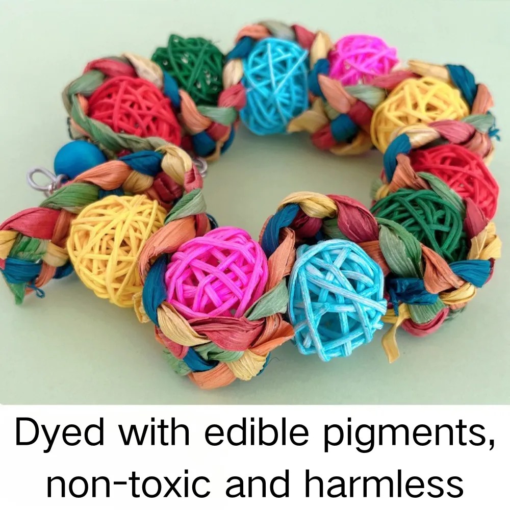 Colorful Rattan Ball and Corn Husk Hanging Ring Bird Toy1
