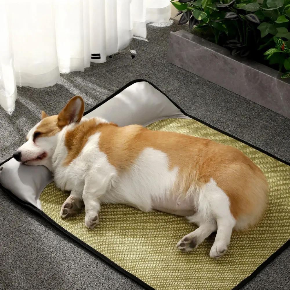Summer Cooling Rattan Pet Mat with Pillow – Breathable Anti-Scratch Dog & Cat Bed Pad for Hot Weather