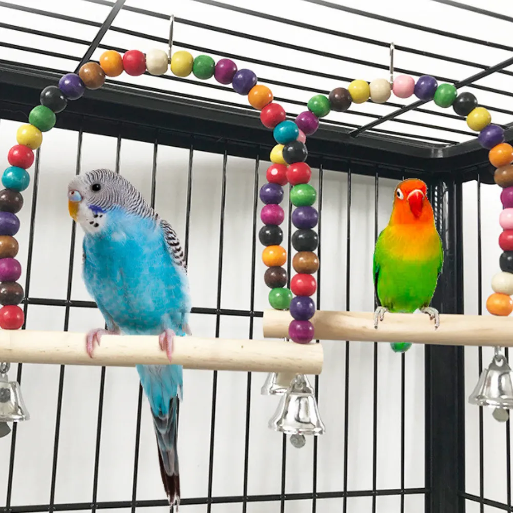 Colorful Beaded Bird Swing Toy with Bells
