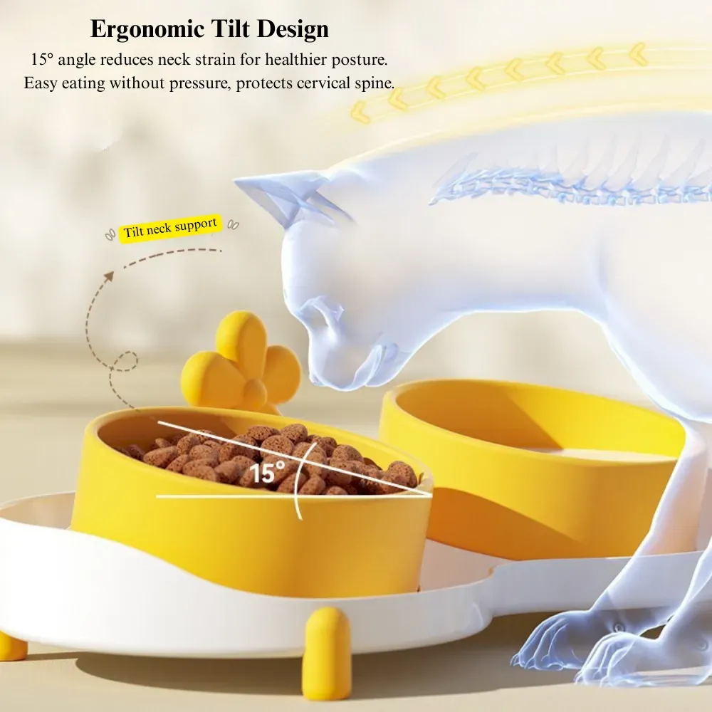 Ceramic Tilted Double Pet Bowl Anti Spill Elevated Cat Dog Feeding Dish