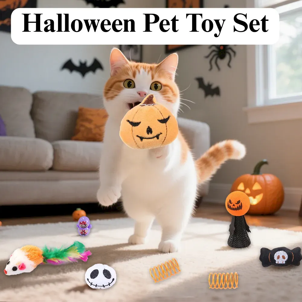 Halloween Cat Toy Set 16 Pack Pumpkin Bat Spider Chew Interactive Toys