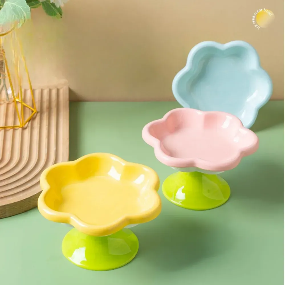 decorative cat food bowl Ceramic Flower Cat Bowl Food Water Dish Neck Protection Pet Feeding