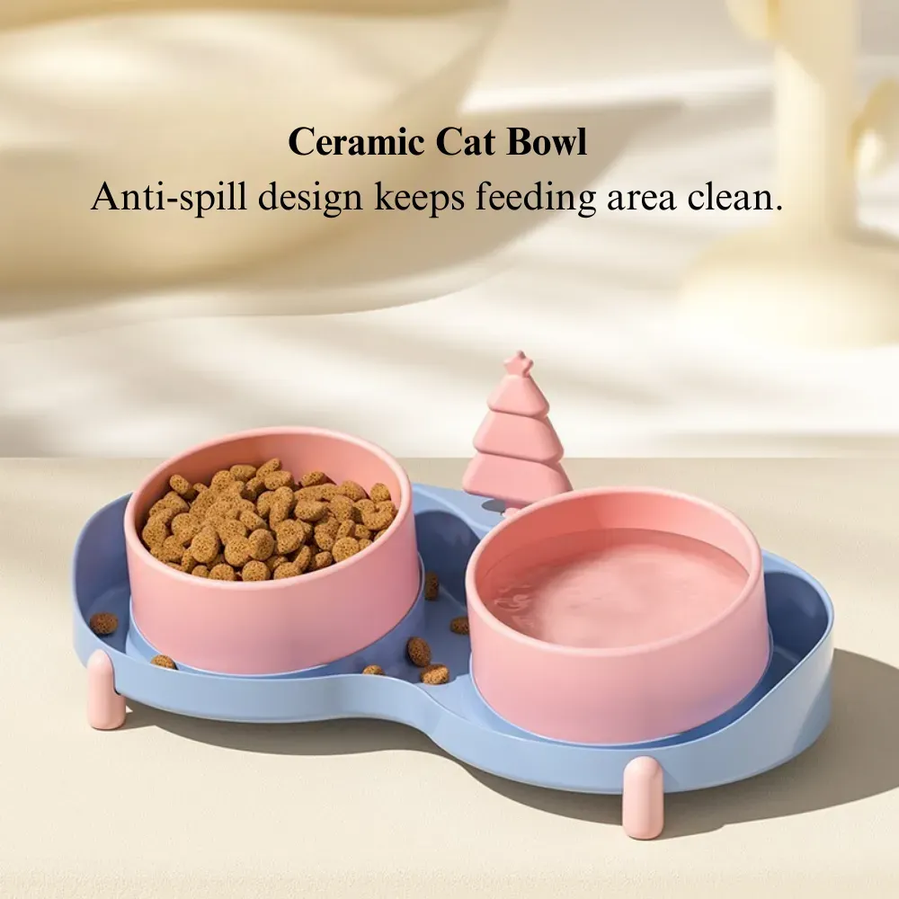 Ceramic Tilted Double Pet Bowl Anti Spill Elevated Cat Dog Feeding Dish