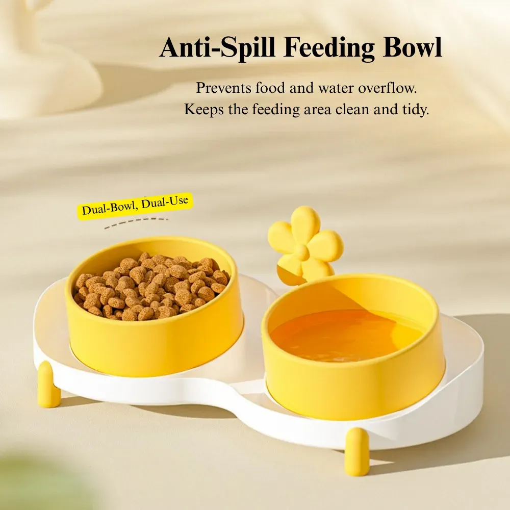Ceramic Tilted Double Pet Bowl Anti Spill Elevated Cat Dog Feeding Dish