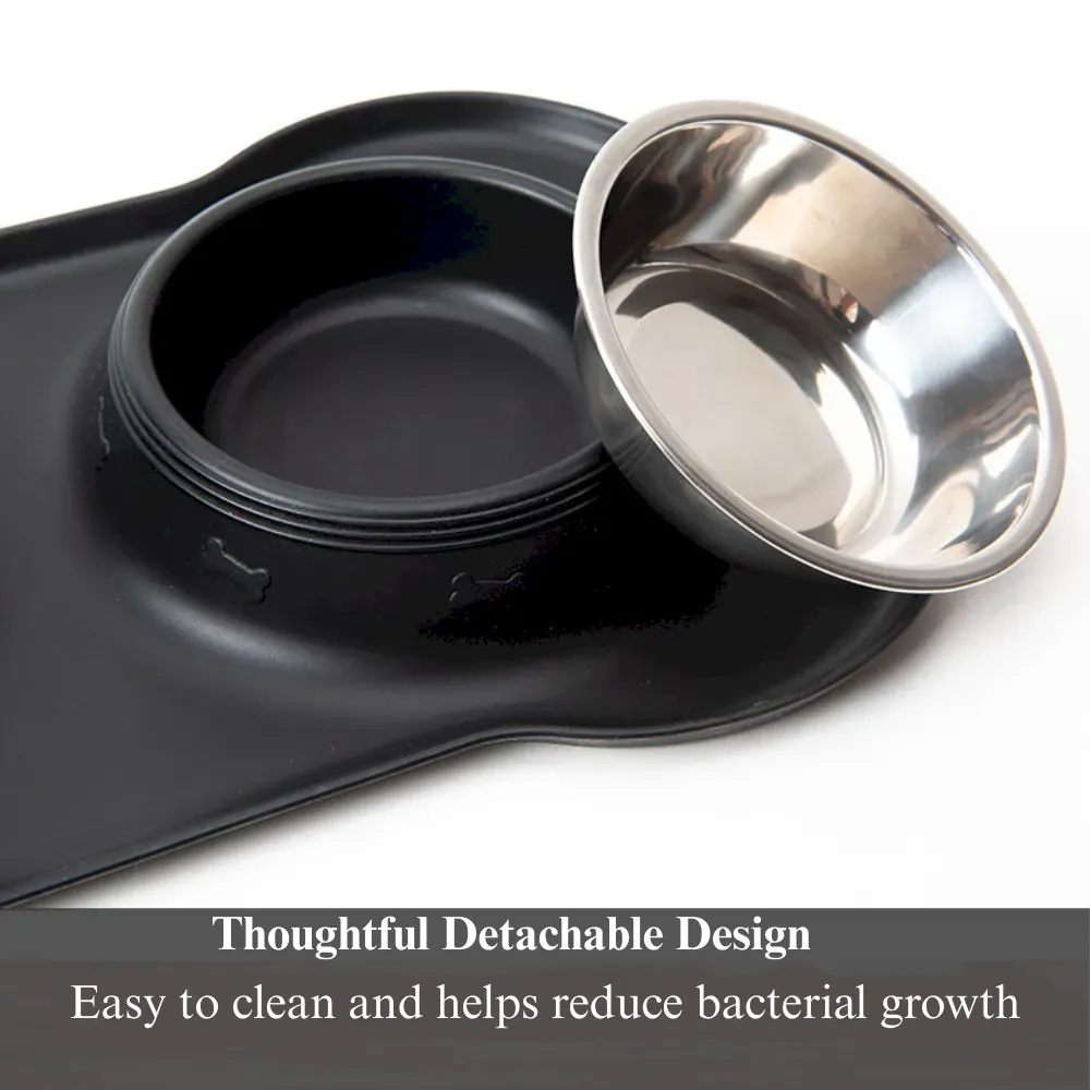 Stainless Steel Double Pet Bowl with Bone Shaped Non Slip Silicone Mat