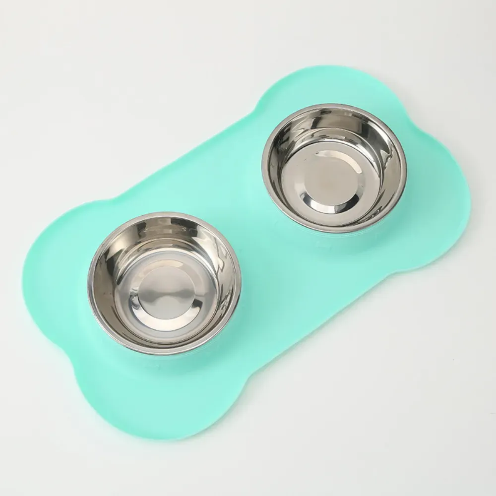 Stainless Steel Double Pet Bowl with Bone Shaped Non Slip Silicone Mat