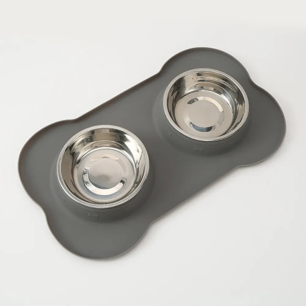 Stainless Steel Double Pet Bowl with Bone Shaped Non Slip Silicone Mat