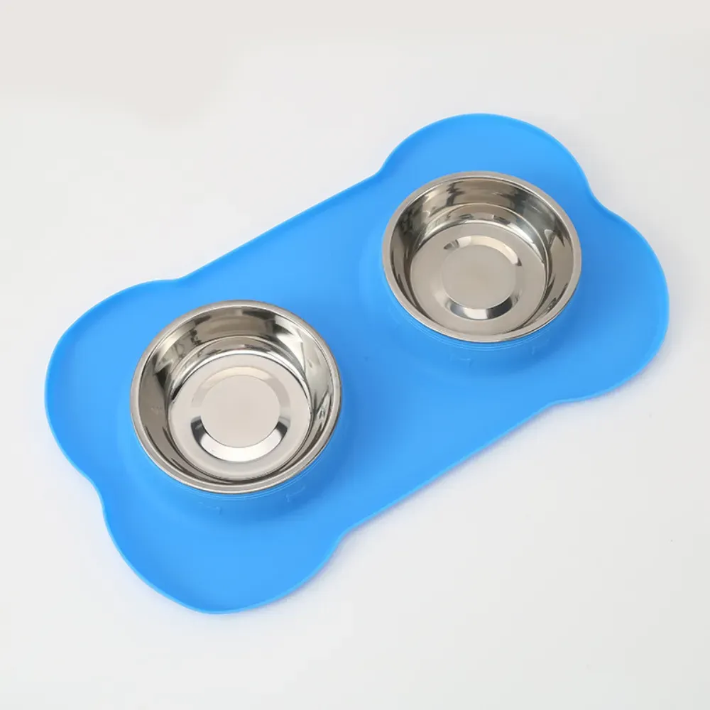 Stainless Steel Double Pet Bowl with Bone Shaped Non Slip Silicone Mat