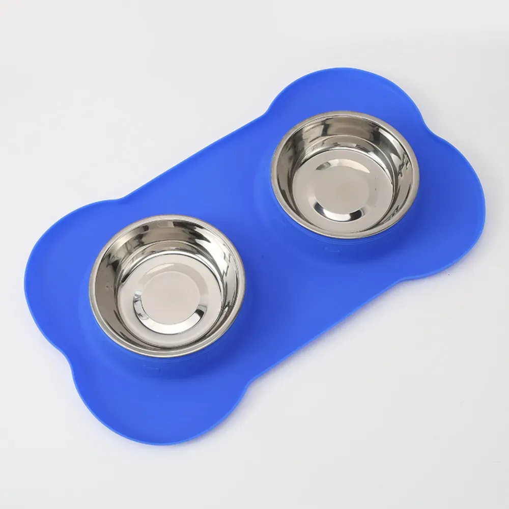 Stainless Steel Double Pet Bowl with Bone Shaped Non Slip Silicone Mat