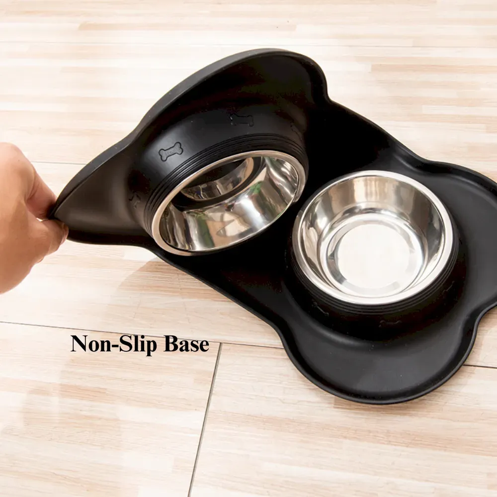 Stainless Steel Double Pet Bowl with Bone Shaped Non Slip Silicone Mat