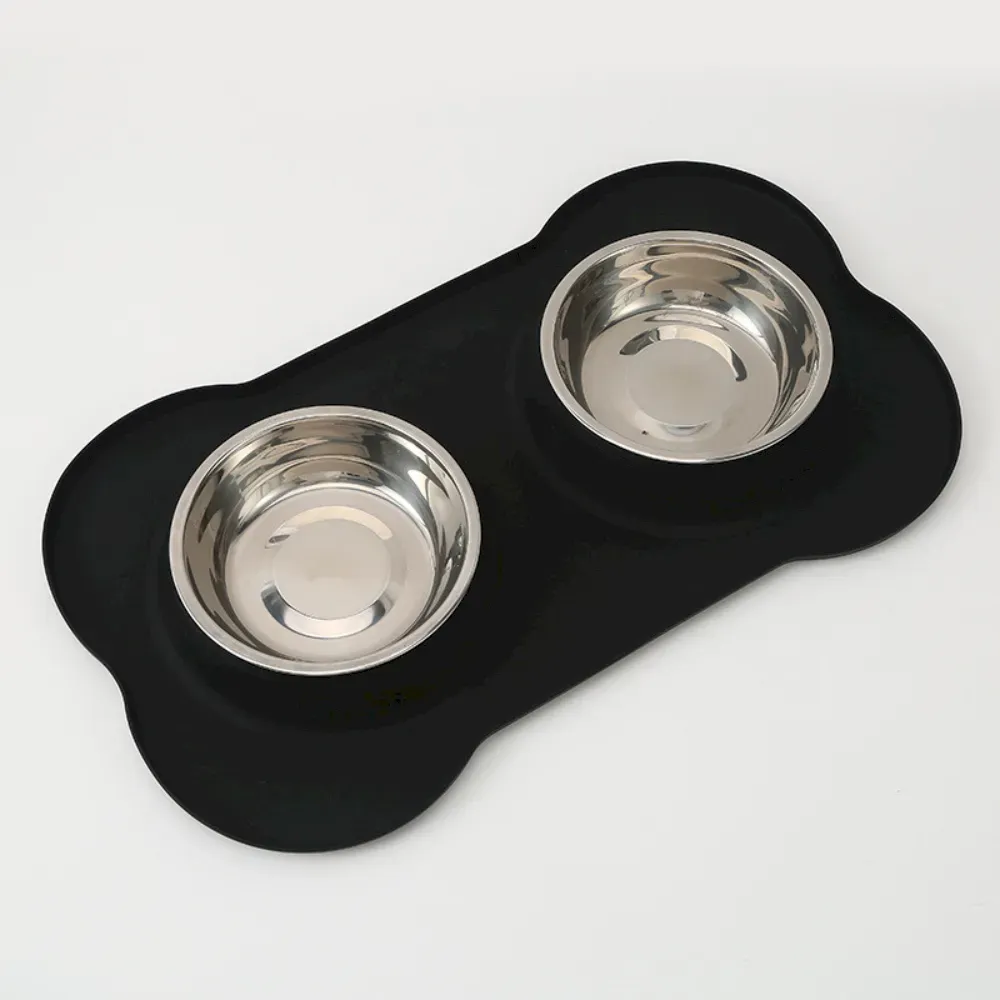 Stainless Steel Double Pet Bowl with Bone Shaped Non Slip Silicone Mat