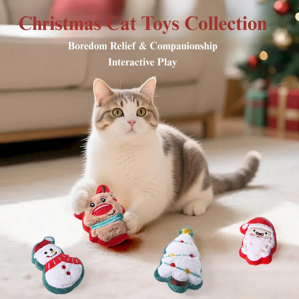 2 Pack Christmas Plush Cat Toy Set Santa Claus Chew Play