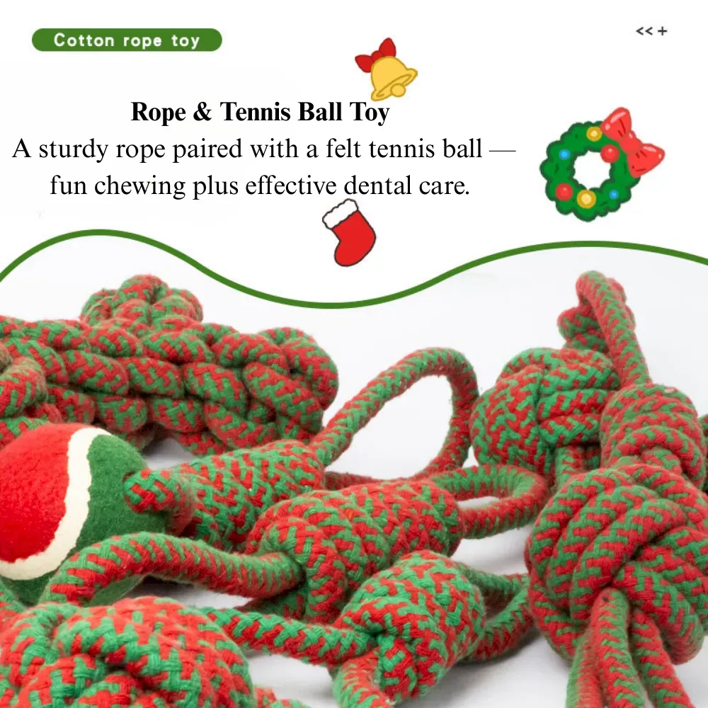 Christmas Cotton Rope Dog Toy Dumbbell with Tennis Ball