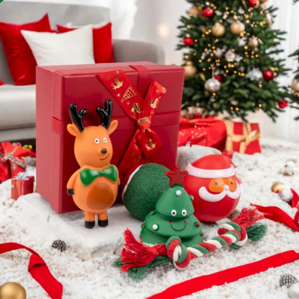 Christmas Dog Toy Gift Box Vinly Tree and Santa
