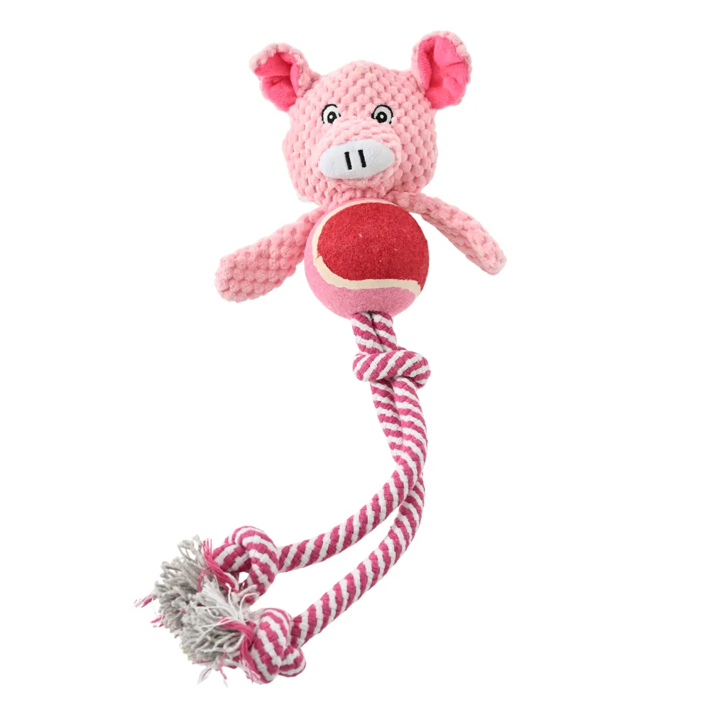 Pig Shape Cotton Rope Dog Chew Toy with Tennis Ball_2 Pig Shape Cotton Rope Dog Chew Toy with Tennis Ball_2
