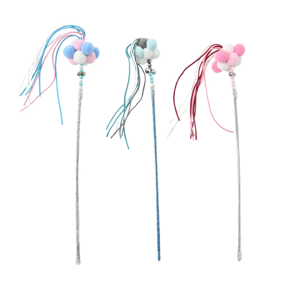 3-Color Mixed Pom-pom Cat Teaser Wand with Ribbons and Bells1 3-Color Mixed Pom-pom Cat Teaser Wand with Ribbons and Bells1