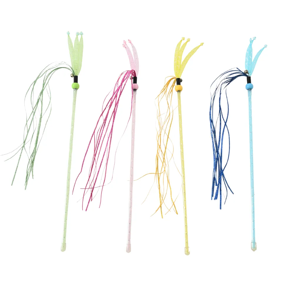 4-Color Mixed Elastic Mesh Cat Teaser Wand with Ribbons and Bells1 4-Color Mixed Elastic Mesh Cat Teaser Wand with Ribbons and Bells1