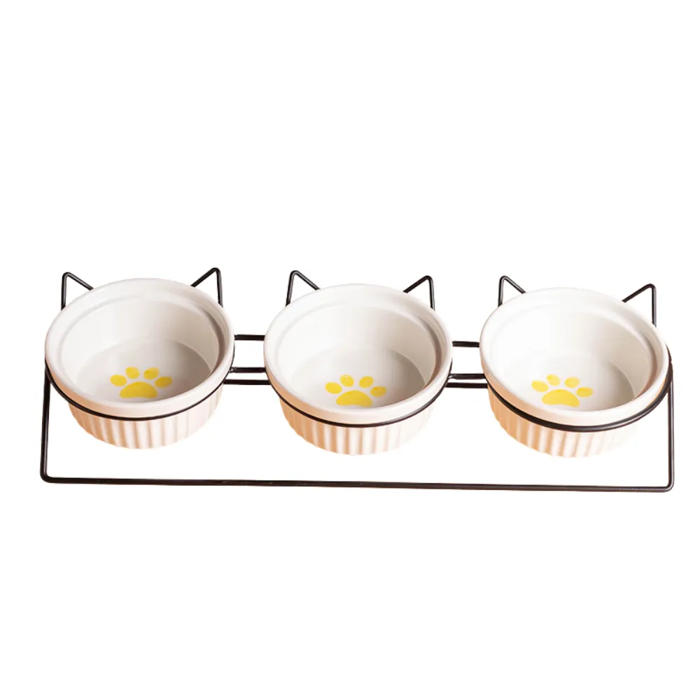 Elevated Triple Ceramic with Iron Stand Neck Protect Cat Bowls (10)