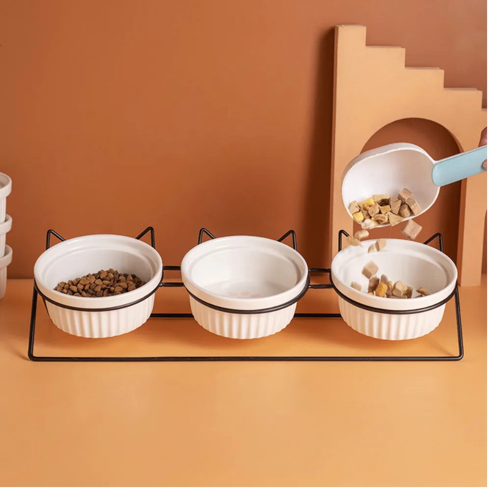 Elevated Triple Ceramic with Iron Stand Neck Protect Cat Bowls (3)