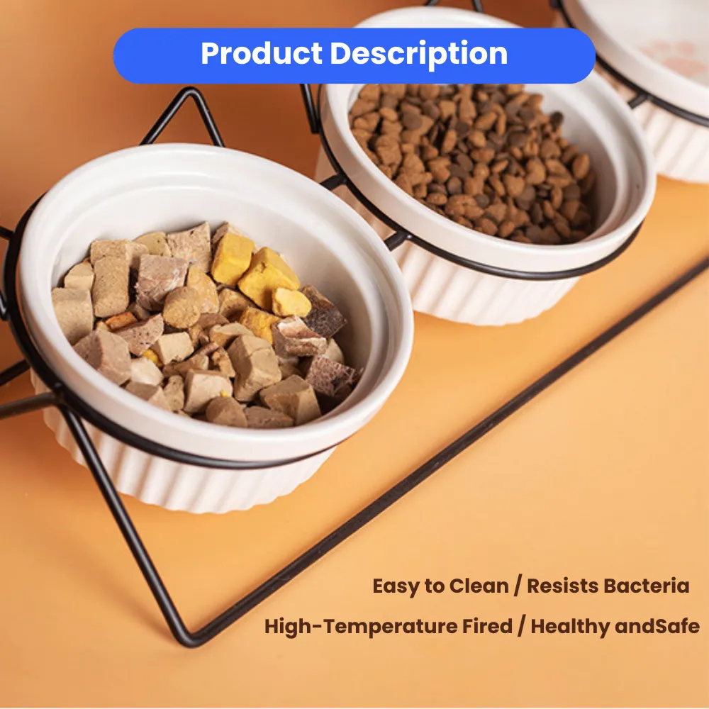 Elevated Triple Ceramic with Iron Stand Neck Protect Cat Bowls (4)