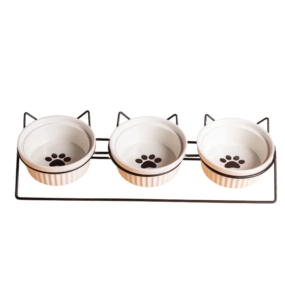 Elevated Triple Ceramic with Iron Stand Neck Protect Cat Bowls (11)