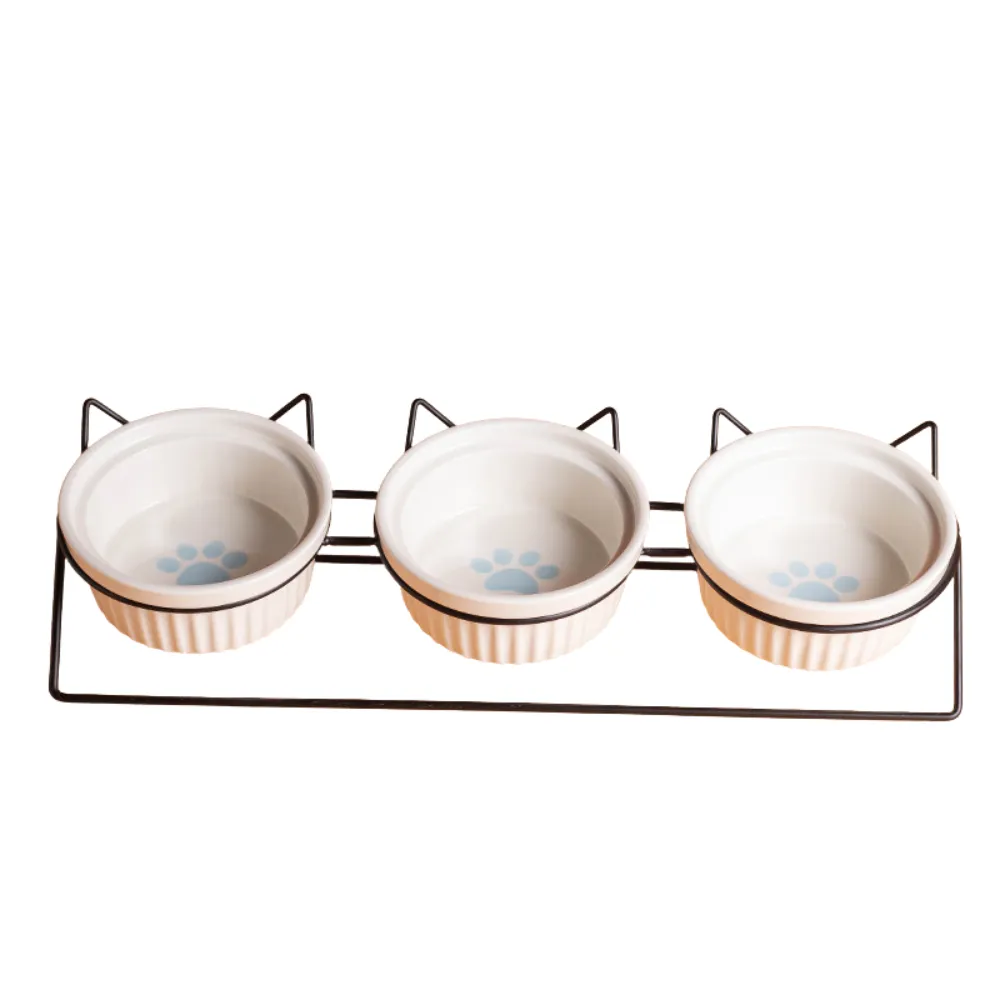 Elevated Triple Ceramic with Iron Stand Neck Protect Cat Bowls (9)