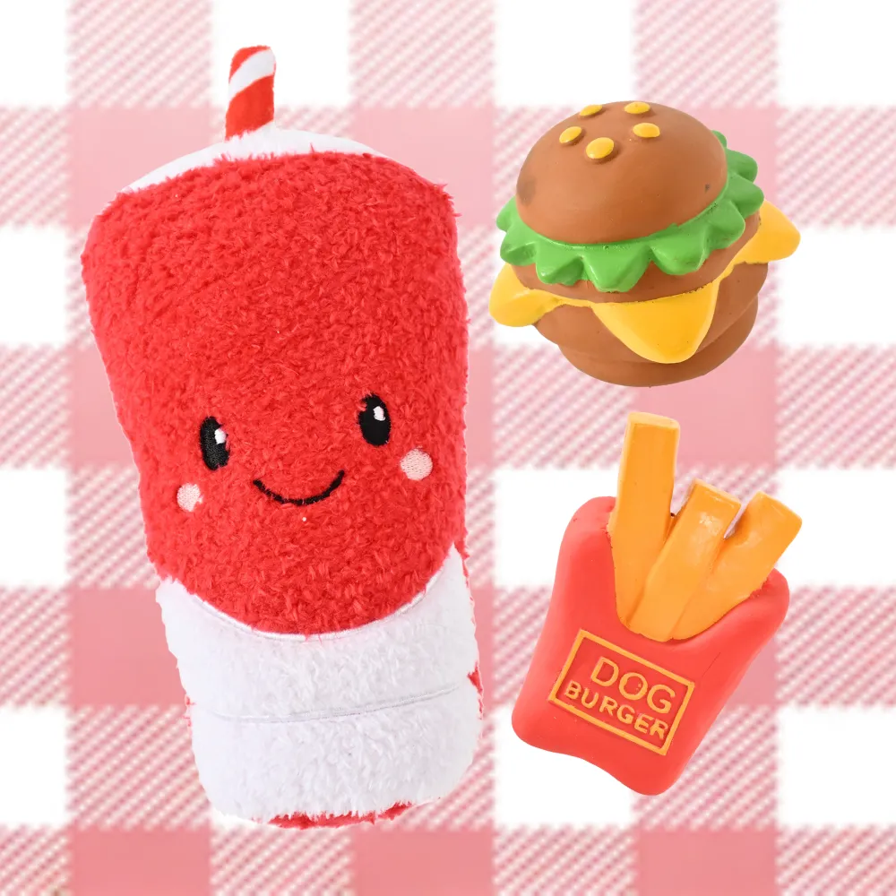 3-Piece Set Squeaky Plush Cola and Latex Burger Fries Dog Toy Set1 3-Piece Set Squeaky Plush Cola and Latex Burger Fries Dog Toy Set1
