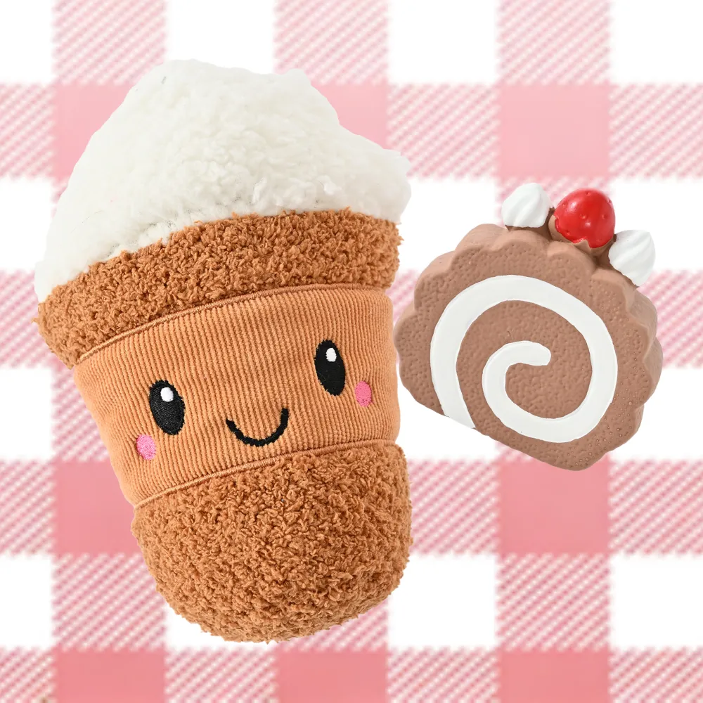 2-Piece Set Plush Cream-topped Coffee and Latex Cake Dog Toy Set1