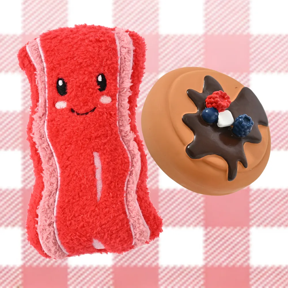 2-Piece Set Squeaky Plush Bacon and Latex Dessert Dog Toy1 2-Piece Set Squeaky Plush Bacon and Latex Dessert Dog Toy1