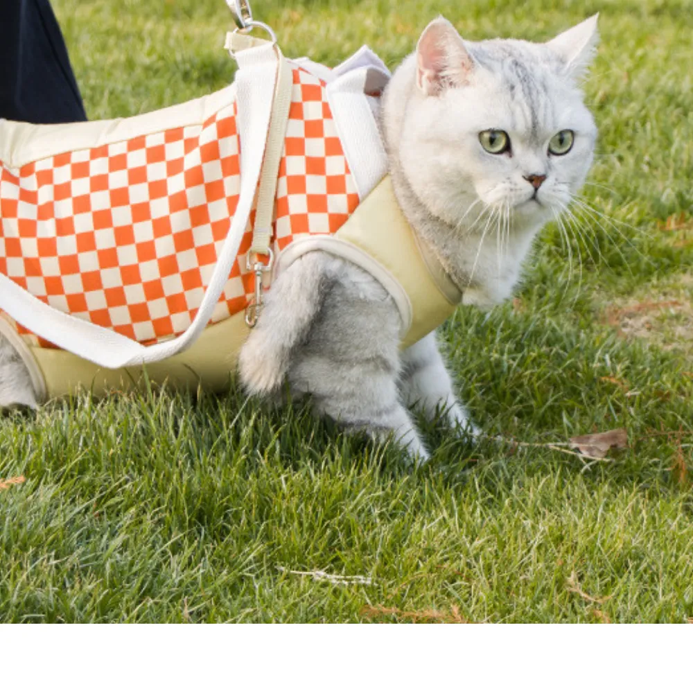 Checkered Cat Carrier Backpack    Portable Pet Sling Bag for Outdoor Walking