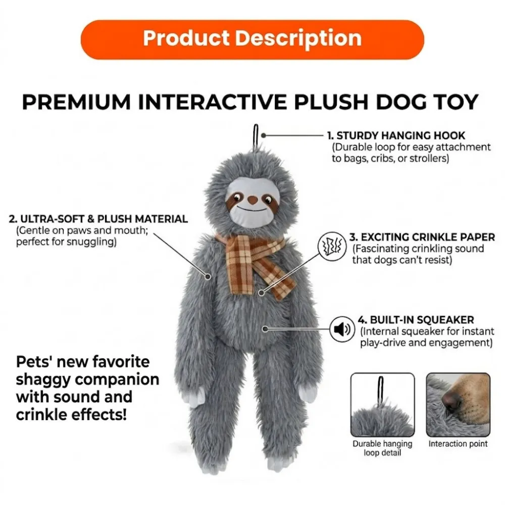 Cute Grey Sloth Style Hangable Squeaky Crinkly Dog Companion Toy8