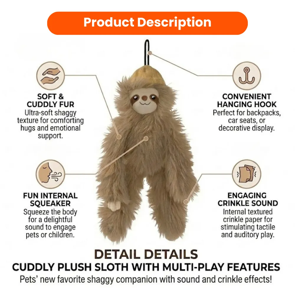 Cute Khaki Sloth Style Hangable Squeaky Crinkly Dog Companion Toy7