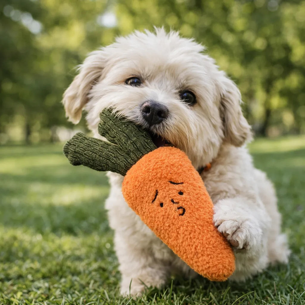 Small puppy playing with carrot plush dog toy outdoor showing interactive and fun pet lifestyle